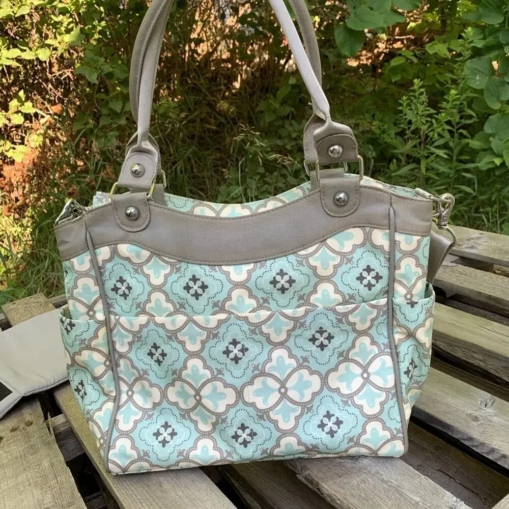 Petunia Pickle Bottom gender neutral blue tan geometric diaper bag